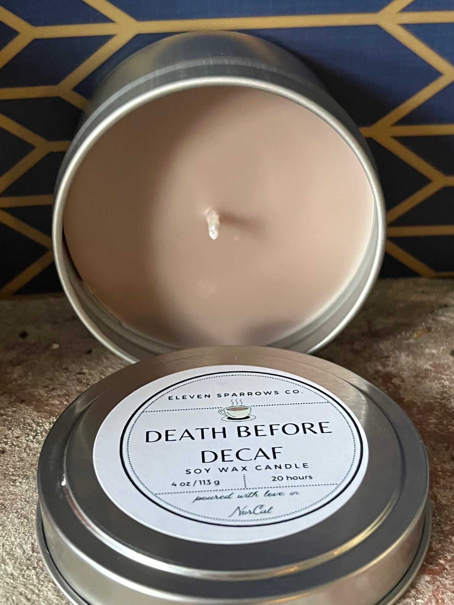 4 oz Travel Tin Candle: Death Before Decaf